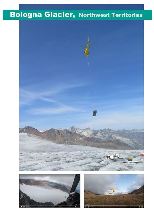 Compilation of three shots of a helicopter in action on the glacier. Delivering supplies, view out window, departing.